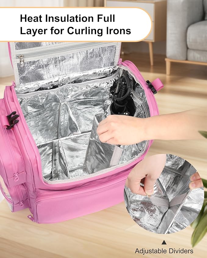 Relavel Hair Tools Travel Bag Hair Stylist Backpack Hairdresser Cosmetology Bag, Heat Insulation Full Layer for Curling Iron, Hair Straightener, Travel Accessories Case Barber Organizer (Rose Pink)