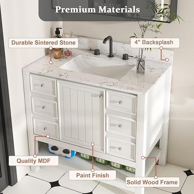 Montary 36" Bathroom Vanity with 37" Artificial Marble Carrara White Top, Modern Stylish MDF Bathroom Storage Cabinet, Freestanding Vanity Set with One Cabinet & 3 Drawers, White (Three Holes)