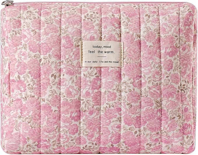 uekeboag Quilted Cotton Makeup Bag,Coquette Quilted Toiletry Bag for Women and Girls,Floral Coquette Pouch,Cute Kawaii Travel Cosmetic Bags(Watercolour Pink Flower)