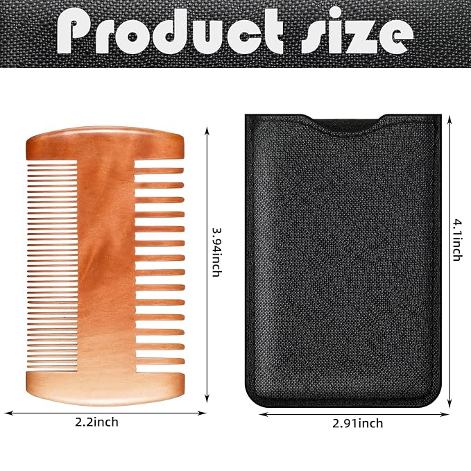 Natural Sandalwood Dual Action Beard & Moustache Combs with Faux Leather Cases (6 Pieces, Yellow)