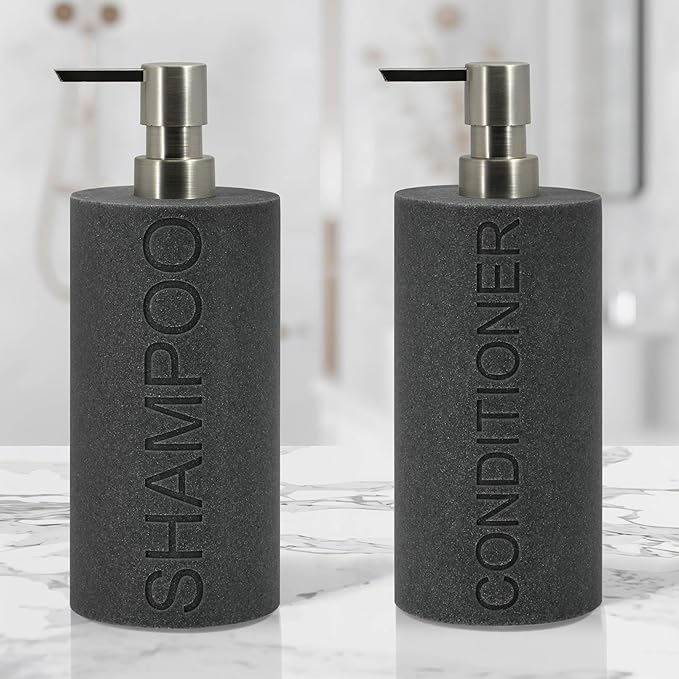 Resin 2 Pack Shampoo, Conditioner or Body Wash Dispenser Set, Luxurious Refillable Pump Bottles with Matte Pump Top and Embossed Text, Durable Design for Bathroom and Shower