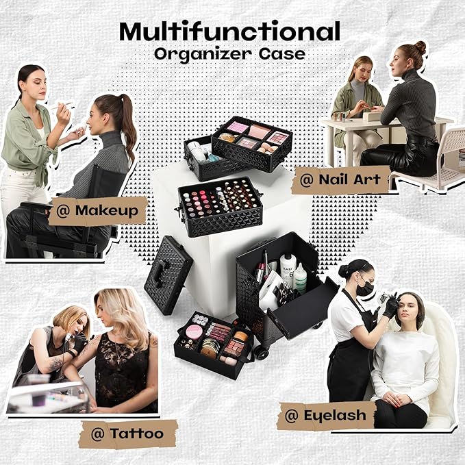 5 in 1 Makeup Train Case, Cosmetology Case on Wheels Travel Make up Case Rolling Nail Cart Makeup Organizer Cosmetic Storage Box Cases Extra Large Trolley Truck with 360° Swivel Wheels, Black