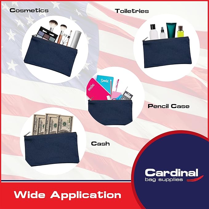 Multipack of 2 Compact Zipper Cloth Pouches, Zipper Bag, Travel Toiletry, Cosmetics, Stationary Case, 11 x 6 inches (Navy)