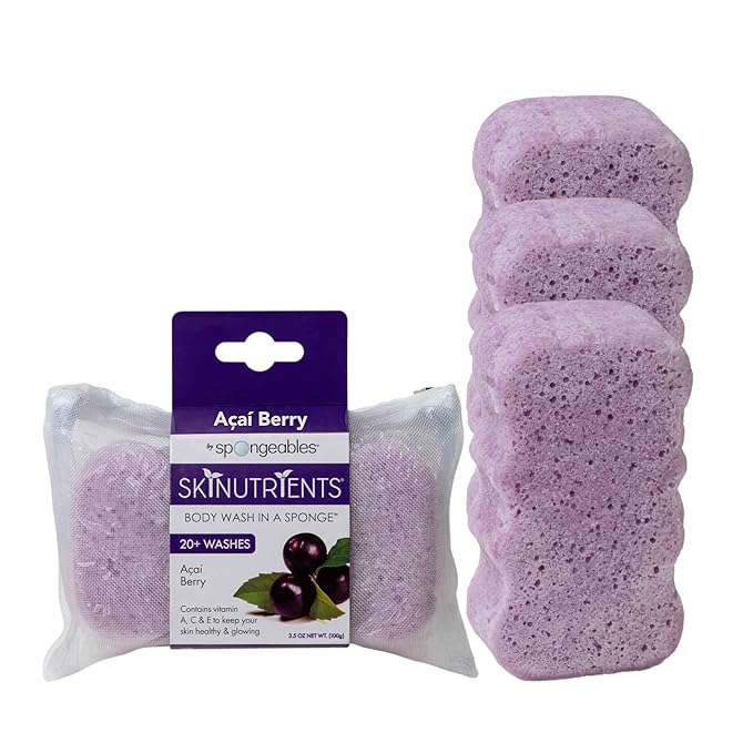 Spongeables Body Wash in a 20+ Wash Sponge, Acai Berry, 3 Count