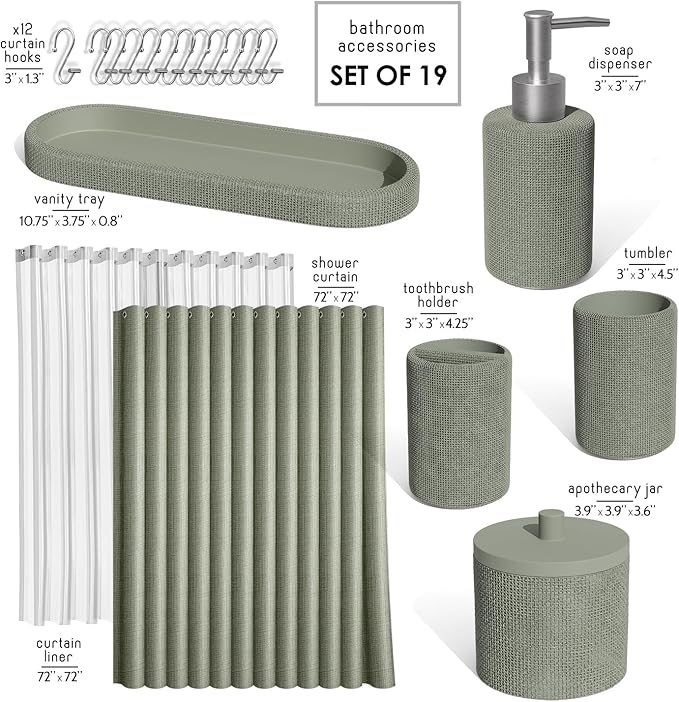 Clara Clark Sage Green Bathroom Set - Bathroom Accessories Set, 19PC Bathroom Accessory Set, Bathroom Sets with Shower Curtain Set, Soap Dispenser & Toothbrush Holder