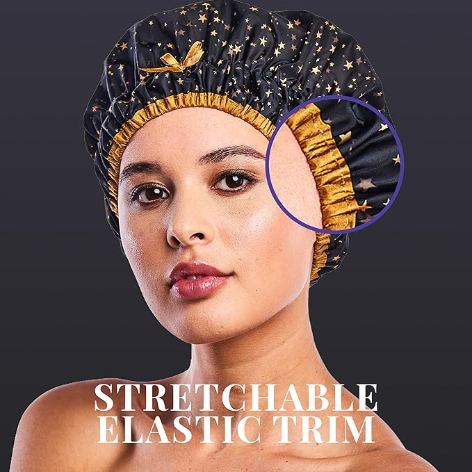 Reusable Shower & Bath Cap & Lined, Oversized Waterproof Shower Caps Large Designed for all Hair Lengths with PEVA Lining & Elastic Band Stretch Hem Hair Hat - Fashionista Starry Nights