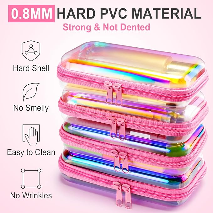 Hoolerry 4 Pcs Hard Clear Zipper Case Makeup Bags Plastic Zipper Pouch Transparent Storage Box Containers for Cosmetics, Snacks, Building Blocks, Puzzles(Clear,7.5 x 3.9 x 2 in,Pink Laser)