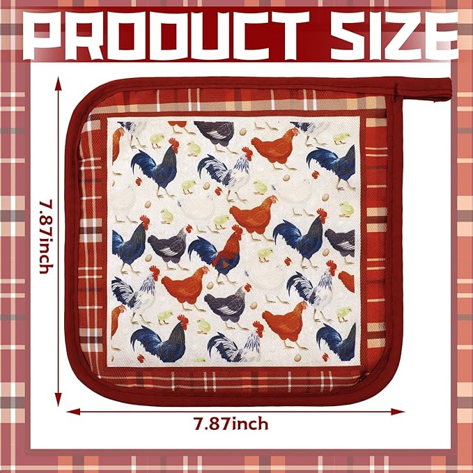 Bencailor 12 Pcs Pot Holders with Pocket Kitchen Hot Potholders Hot Pad Oven Mitts Cookie Bag Oven Gloves for Kitchen Gift Baking Cooking(Red,Red Rooster)