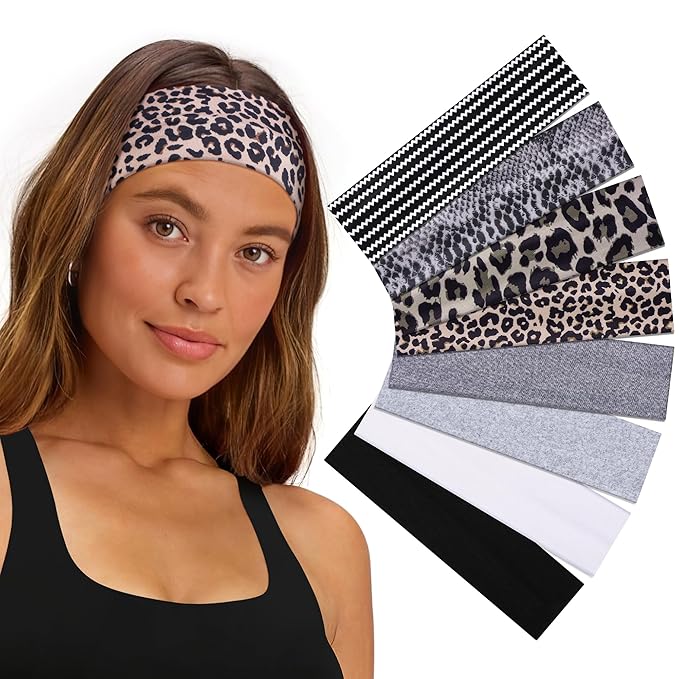 8 Pack Headbands for Women Non Slip - Stylish Sports Hair Bands for Women's Hair - Soft Cotton Cloth Stretchy Headbands for Women for Yoga, Outdoor Exercise Running