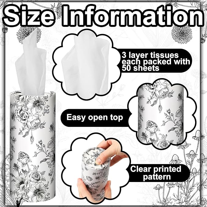 Zonon 16 Pcs Vintage Floral Round Tissues Box Car Holder with Facial Tissue Bulk Black Flower Travel Tubes for Car with 50 Sheets Christmas Cylinder Face Towel Fit for Cup Holder Round Container