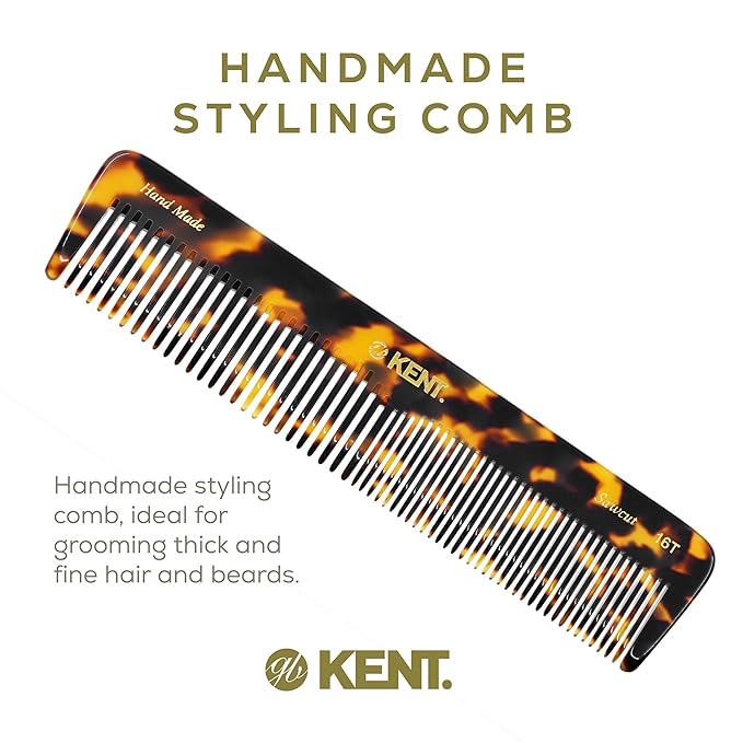 Kent 16T TY Fine and Wide Tooth for Daily Grooming,Handmade Styling Comb for All Hair Types,Wet or Dry Hair Detangling Comb for Men and Women,Saw Cut Hand Polished,Made in England