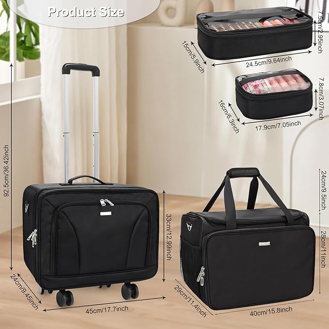 MONSTINA Rolling Makeup Train Case, Beauty Hairdresser Bag and Cosmetology Case on Wheels Makeup Artist Bag Hairstylist Cosmetic Organizer Storage Bag with 4 Bag (Black+Hairdressing Bag)