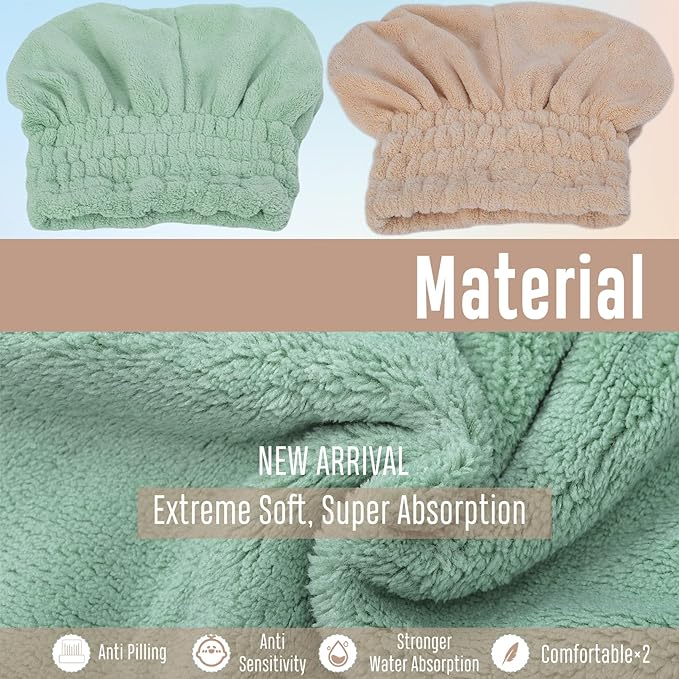Microfiber Hair Drying Towel, 2 Pcs Fast Coral Velvet Absorbent Quick Dry Caps, Soft Towel for Women Wet Long Thick Hair (Khaki+Green)