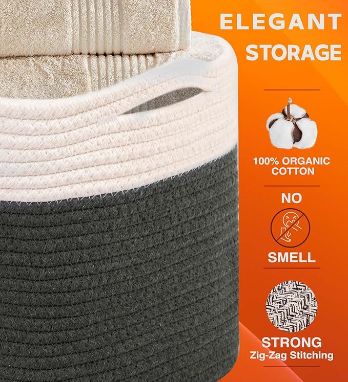 CHAT BLANC Cotton Rope Baskets for Organizing | Storage Baskets for Shelves | Rope Basket for Storage, Small Laundry Baskets, Woven Baskets for Storage, Dog Toy Bin, Baby Basket, White&Graphite 3 Pack