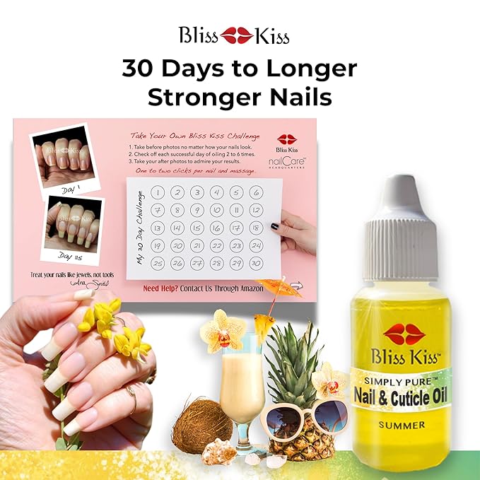Bliss Kiss | Summer Fragrance | Nail Oil Cuticle Dropper w/Vitamin E & Jojoba⏤Nail Strengthener Nail Growth Serum for Brittle Peeling Breaking Thin Nails | 0.5oz | (Summer)