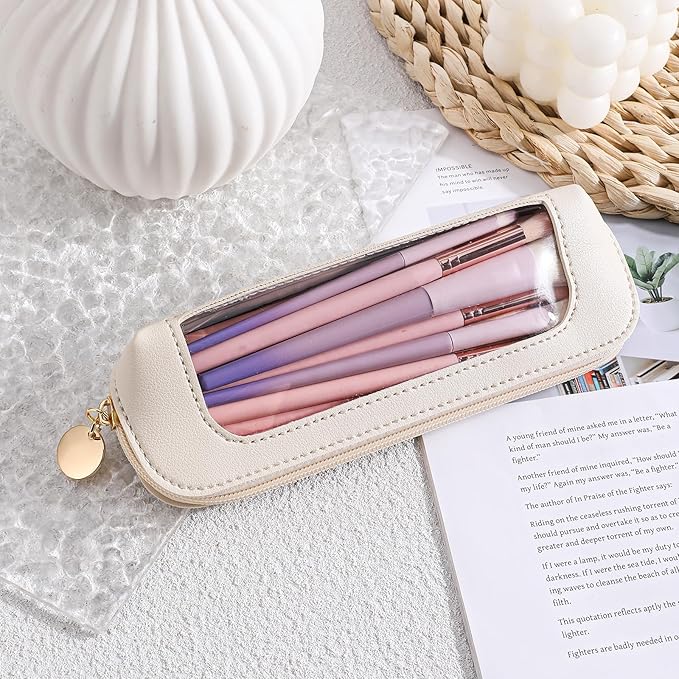 Small Clear Makeup Bag, PU Leather Travel Makeup Brush Case Portable Transparent Waterproof Cosmetic Organizer Pouch with Zipper for Women Home Travel Office Cosmetic Storage (Beige)
