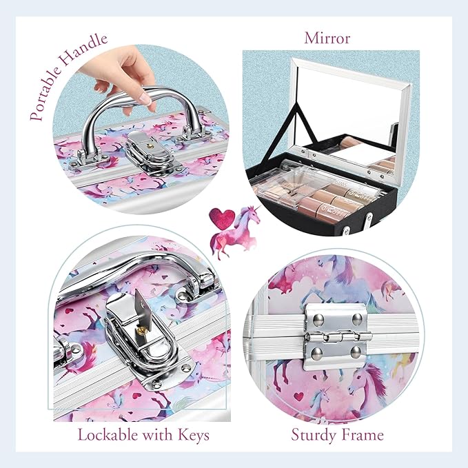 Joligrace Makeup Case for Girls Cosmetic Train Case Makeup Storage Box Jewelry Organizer Hair Accessories Lockable with Trays & Mirror Kids Gift Coloful Pink Unicorn