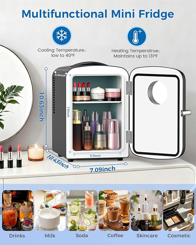 Mini Fridge for Bedroom, 4L/6 Cans Small Cosmetic Fridge for Skincare, Makeup & Drink, With Observation Window, Portable Desk Fridge Cooler and Warmer for Kids, Car, Office, Dorm, Black
