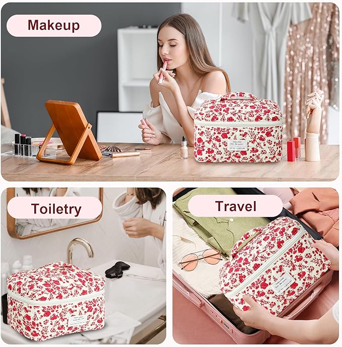 3Pcs Makeup Bag Cotton Quilted Travel Cosmetic Bag Cute Floral Makeup Pouch Large Toiletry Bag for Women Girls