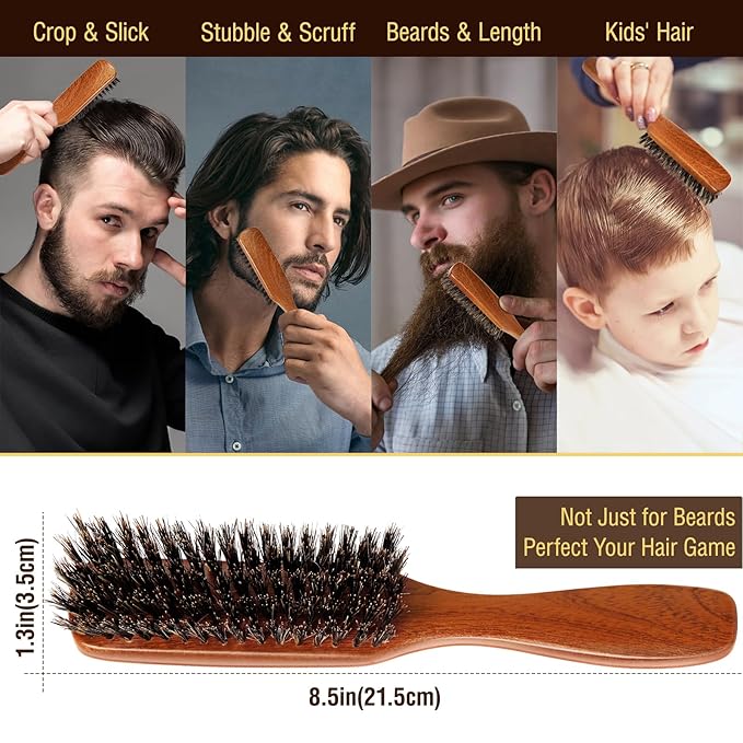 URTHEONE Premium Beard Brush Grooming Kit - 100% Natural Boar Bristle Hair Brush for Men, Ergonomic Handle,Cleaning Brush & Folding Scissors - Complete Beard Hair Care Set for Styling,Maintenance