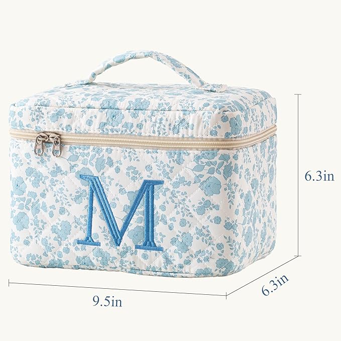 HBselect Initial Quilted Makeup Bag, Cotton Large Travel Make up Bag, Cute Floral Coquette Make up Bag Cosmetic Bag Toiletry Bag for Women Girls M