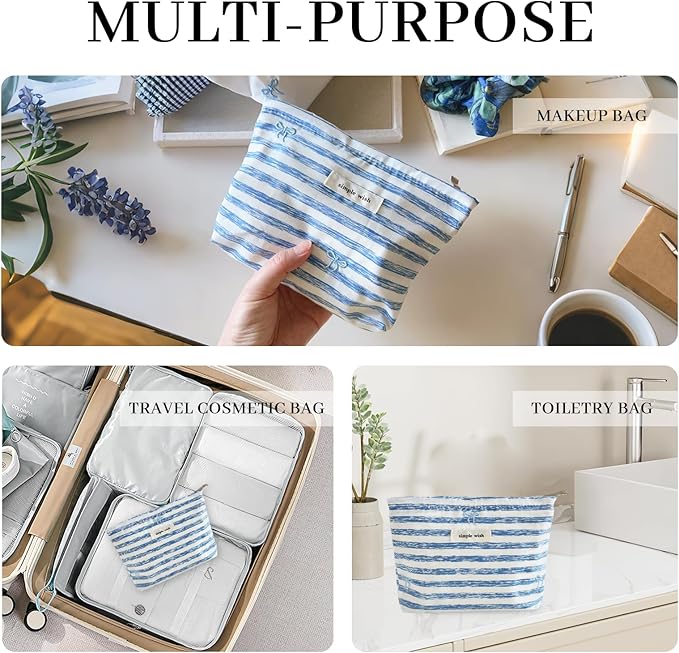 Wudygirl Makeup Bag Travel Cosmetic Bag for Women Small Makeup Pouch Zipper Cosmetic Pouch Handbag Aesthetic (Striped Bow)