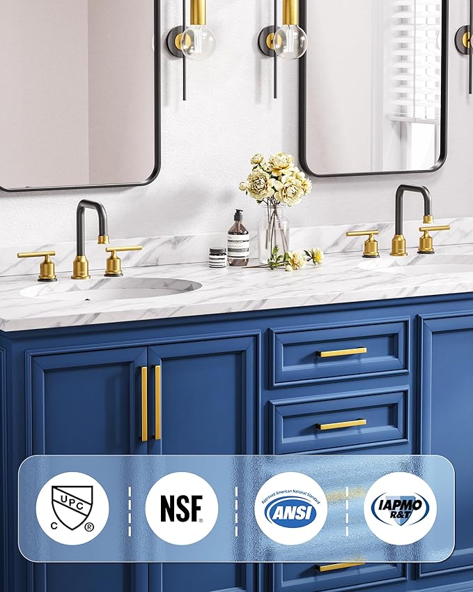 Black and Gold Bathroom Faucet: WOWOW Widespread Bathroom Sink Faucet 3 Hole with Pop-up Drain and Supply Lines, 8 Inch Vanity Taps 3 Pieces Basin Tap 2 Handle Modern (2 Pack)