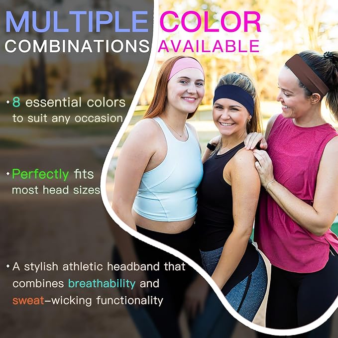 8 Pack Headbands for Women Non Slip - Stylish Sports Hair Bands for Women's Hair - Soft Cotton Cloth Stretchy Headbands for Women for Yoga, Outdoor Exercise Running