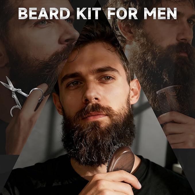 BFWood Mens Beard Brush Comb Kit, Small Travel Beard Set - Natural Boar Bristles With Black Walnut Wood, Grooming Sandalwood Mustache Comb, Mustache Trimming Sissors With Storage Bag