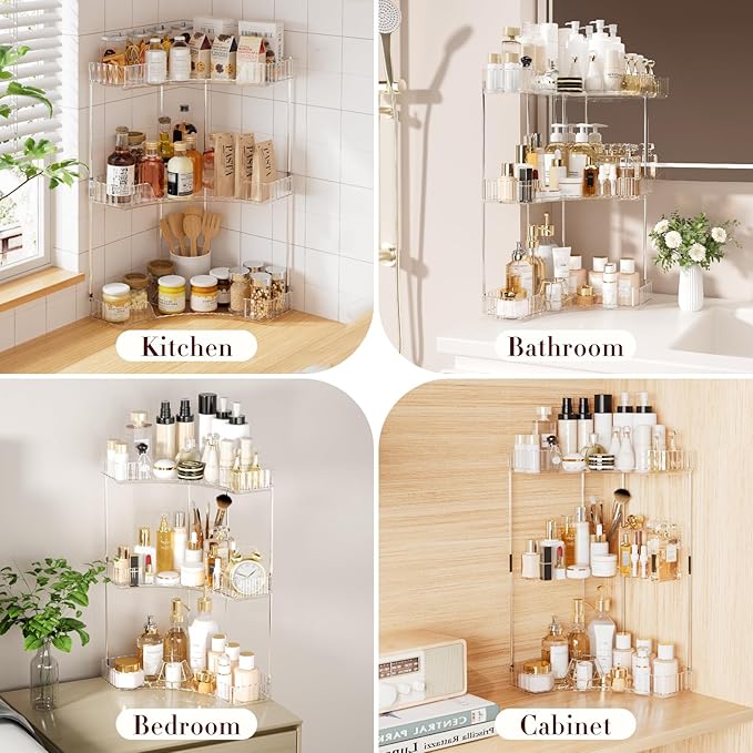 3-Tier Corner Bathroom Counter Organizer, Large Makeup Organizer For Vanity, Skincare Perfume Organizers For Women Or Men, Exquisite Corner Shelf For Bathrooms, Kitchens, Or Bedroom, (Clear, 3 Tier)