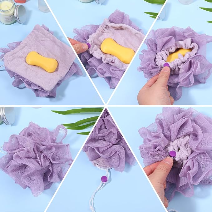 2 Pcs 2 in 1 Loofah Washcloth Combo, Soap Bar Loofah, Exfoliating Shower Pouf with Bar Soap Pocket for Bathing, Cleansing and Smooth Skin (Beige, Purple)