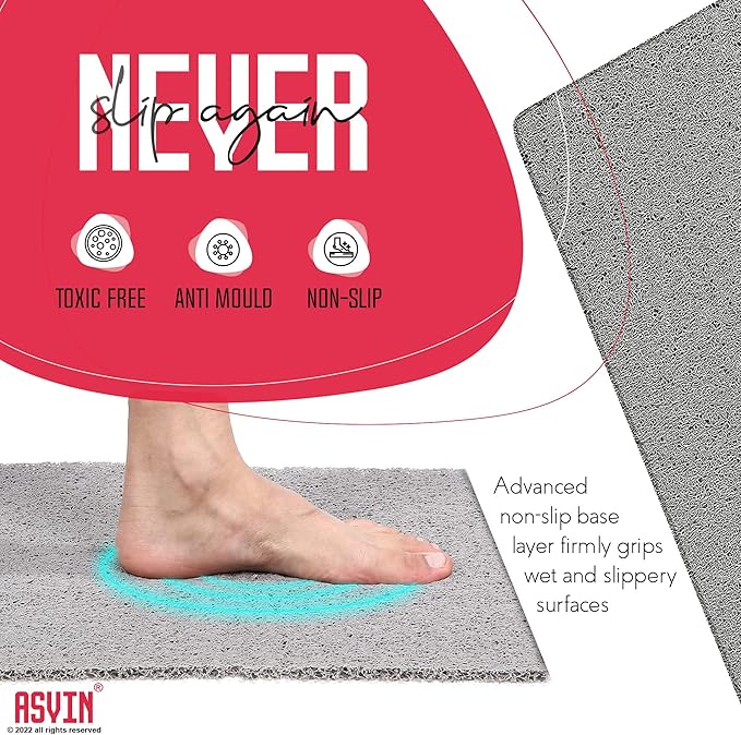 Asvin Soft Textured Bath, Shower, Tub Mat, 24x16 Inch Rectangular, Phthalate Free, Non Slip Comfort Bathtub Mats with Drain, PVC Loofah Bathroom Mat for Wet Areas, Quick Drying, Grey