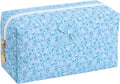 Floral Quilted Cotton Makeup Bag for Women, Large Capacity Travel Cosmetic Pouch with Zipper, Cute Toiletry & Brush Organizer, Kawaii Makeup Storage Case – Blue Floral