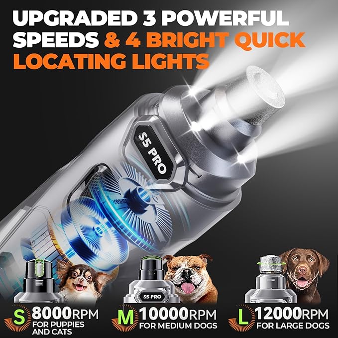Whisper Quiet Dog Nail Grinder with LED Light, Safe & Stress-Free for Sensitive Dogs of All Breeds & Sizes, 3 Grinding Bits, 3-Speed, Pet Nail Trimmers, Rechargeable Painless Grooming Kit Grey
