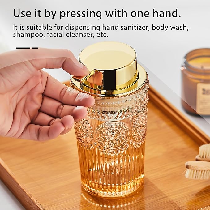 Foaming Hand Soap Dispenser, Glass Foam Toothbrush Holder, Refillable Liquid Lotion Dispenser (L-Gold-Lotion)