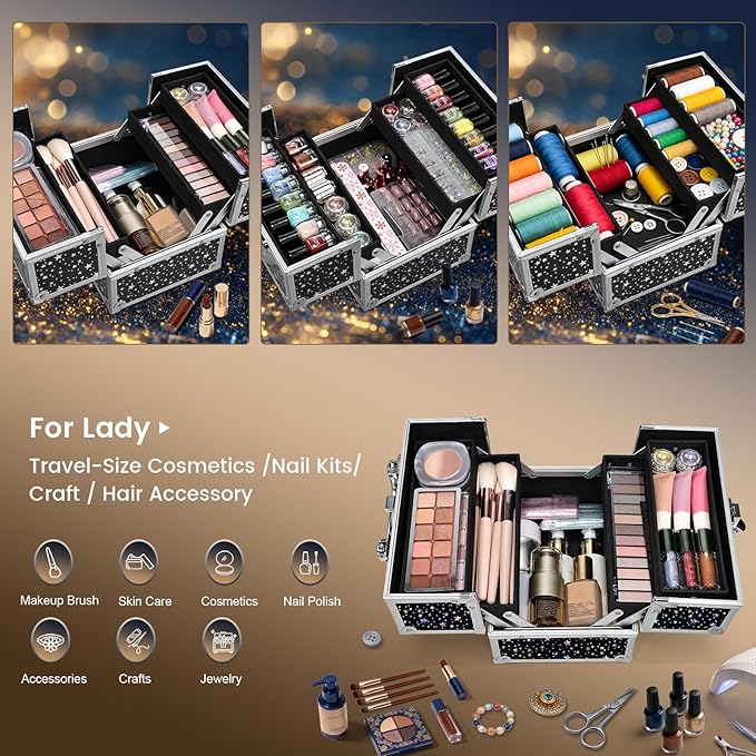 FRENESSA Makeup Train Case 8.85 Inch Portable Makeup Case Organizer Cosmetic Box Make Up Box Makeup Organizer Cosmetic Storage Cases with Locking Nail Kit Organizer Small Travel Case Shiny Star