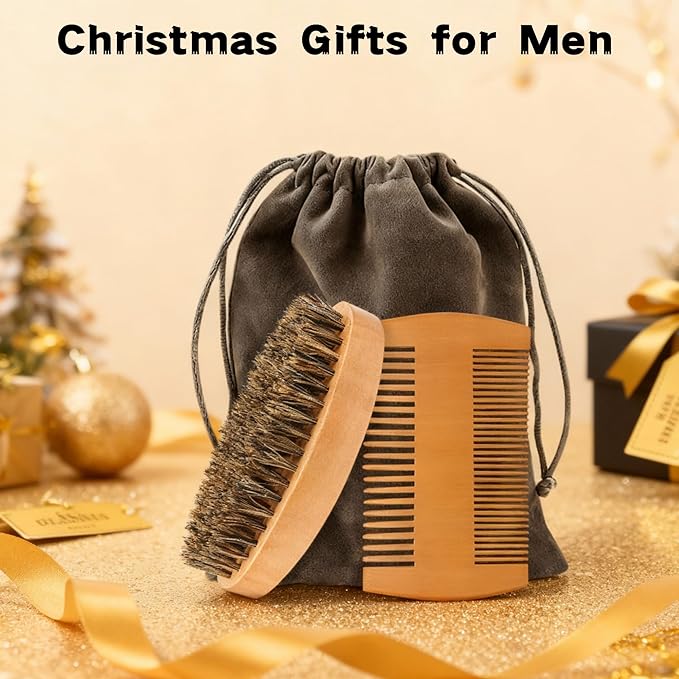 Beard Brush and Comb Set for Men Boar Bristle Beard Brush, Wooden Comb & Travel Pouch White Elephant Gifts, Christmas Stocking Stuffers for Husband Dad Boyfriend Portable Beard Grooming Kit