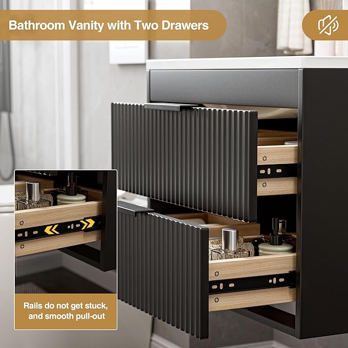 24 Inches Modern MDF Bathroom Vanity with Sink, Wall Mounted Floating Cabinets w/Double Drawers, Black Handles, White Resin Sink Combo Set (Black, 24")
