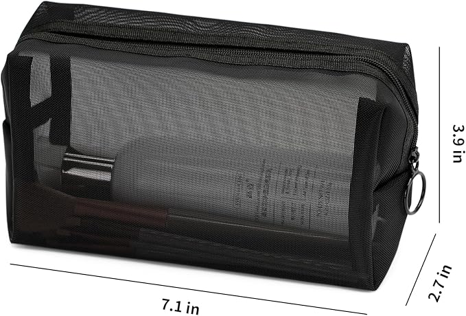 Portable Mesh Makeup Bag with Zipper Small Travel Toiletry Bag Lightweight Cosmetic Pouch (Black Square)