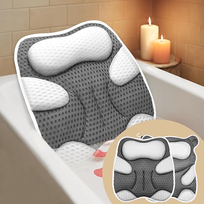Bath Pillow for Tub Ergonomic Cat Shape and Bear Shape Design Bath Pillow for Head and Neck Support SPA Gift Bathtub Pillow 4D Air-Mesh with Suction Cups Washable Gray(1 Pack)