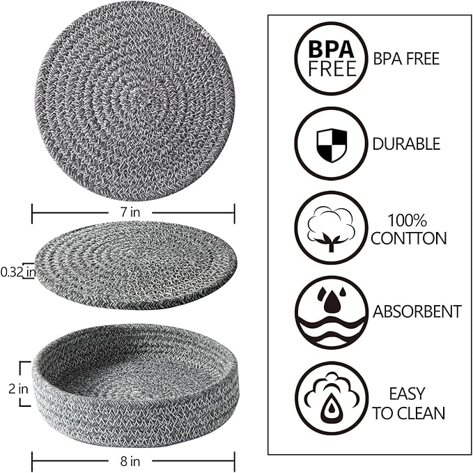 Trivets for Hot Dishes, Trivets for Hot Pots and Pans, Hot Pads for Countertops, Coasters 4 Pcs and Storage Basket 1 Pack, Pot Holders for Kitchen, Cotton Hot Mats Cooking Pad Protect Table (D Grey)