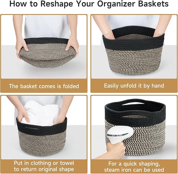 Small Rope Baskets for Storage, Baskets for Gifts Empty, Cute Round Woven Basket, Decorative Shelf Baskets 9.82×9.82×7.1", Cotton Toy Basket Storage Bins for Organizer 3 Packs-Brown+Black