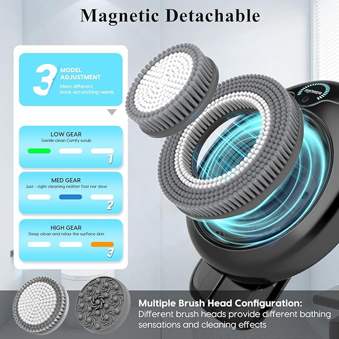 Electric Back Scrubber for Shower - Wall Mounted Exfoliating Brush, Hands-Free Automatic Body Scrubber, IPX7 Waterproof, 3-Speed Adjustment, 3 Replaceable Heads with 50pcs Disposable Shower Caps-Black