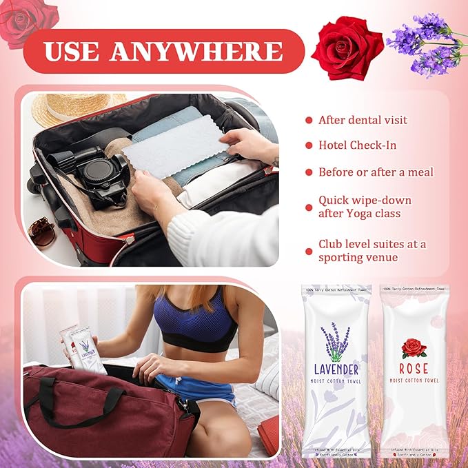 Timgle 50 Pcs Moist Towelettes Individually Wrapped Scented Disposable Face Towels Essential Oil Infused Moist Terry Cotton Towel for Use Hot or Cold Travel Body Spa(Rose, Lavender)