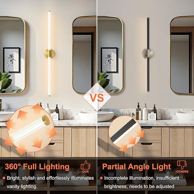 Glod Wall Sconces Set of 2 Hardwired, Dimmable 5CCT LED Bathroom Light Fixtures Over Mirror, 360° Full Lighting 39" Long Vanity Light Bar Modern Wall Sconce for Bathroom Bedroom Living Room
