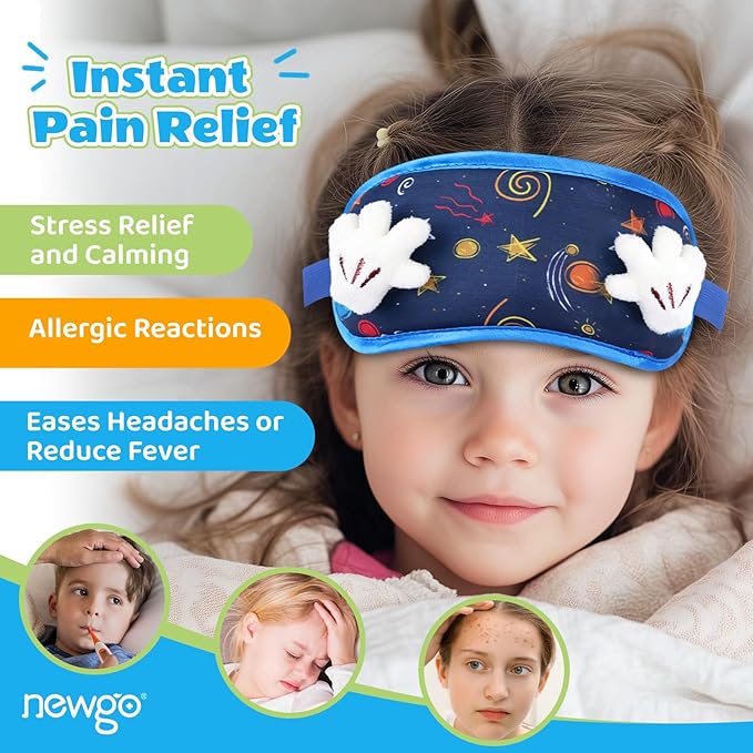 NEWGO Head Ice Pack for Kids Fever, Cute Toddler Gel Ice Packs for Boo Boos Reusable, Cold Head Wrap for Kids Migraine Relief, Headaches, Injuries, Ice Mask for Face, Eyes
