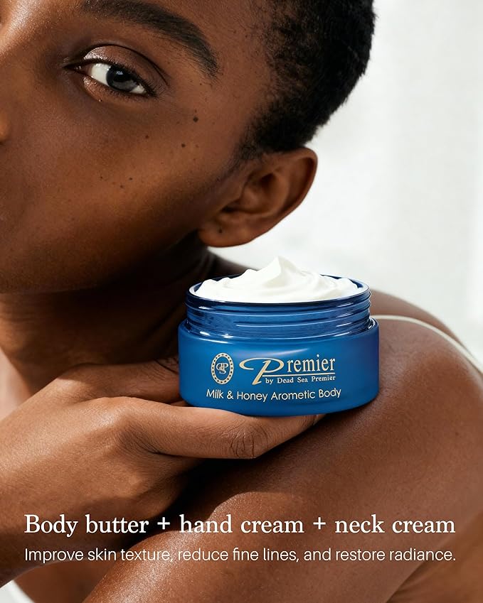 Premier Dead Sea Body Butter for Women & Men - Shea Butter Moisturizer for Dry Skin, Firming Body Cream with Dead Sea Minerals, Natural Hand Moisturizer, Anti-Aging (Milk & Honey, 5.95 Fl Oz)