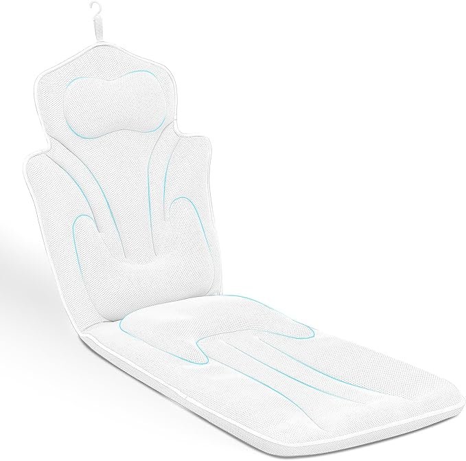 Ergonomic Full Body Bath Pillow for Bathtub, 5D Luxury Spa Cushion with 114 Non-Slip Suction Cups, Extra Long Thick Bath Pillow for Full Body Support, for Adult with Laundry Bag & Hook (Grey) (White)