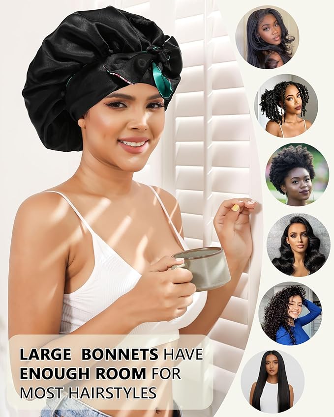 AWAYTR Satin Bonnet Silk Hair Bonnets for Women Curly Hair Wrap Sleeping Cap Reversible with Tie Band Night Cap (Green + Black) 7 7/8-8