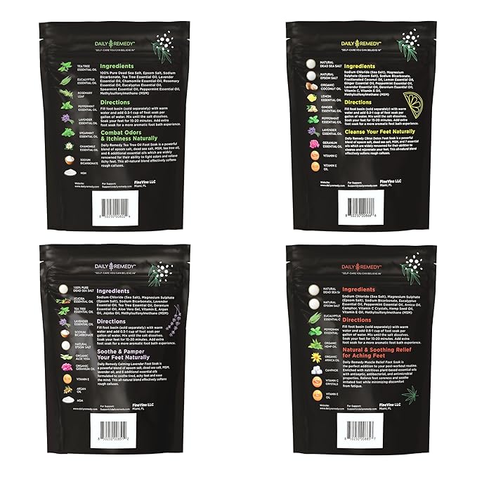 DAILY REMEDY Foot Soak Salts- Variety Pack of 4- Tea Tree Oil, Muscle Relief, Calming Lavender & Citrus Soak- For Foot Pain, Soreness, Athlete’s Foot, Odors, Calluses-Made In USA | Tea Tree Oil, Calming Lavender, Citrus Soak, For Foot Pain, Made In USA